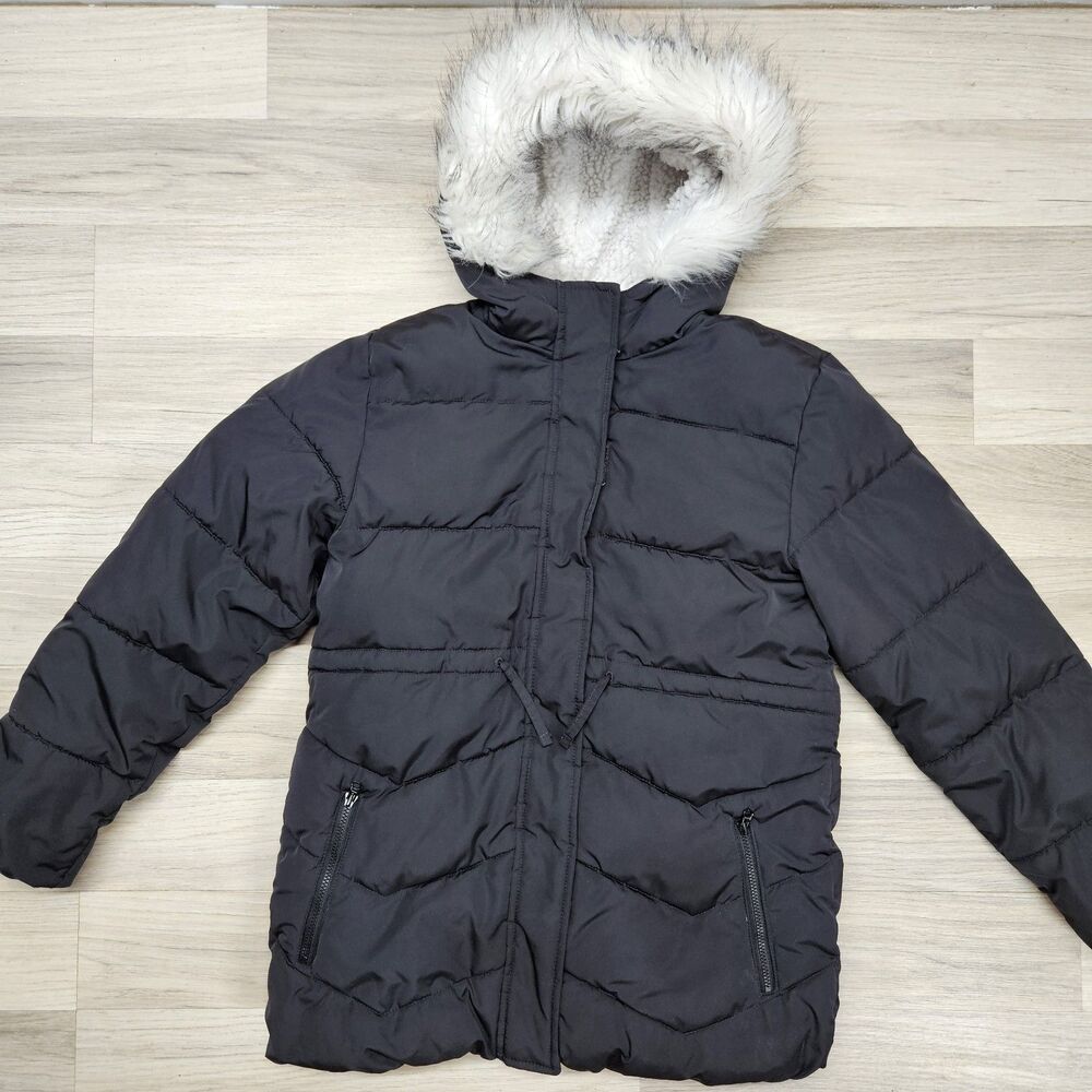 The Childrens Place Girls Black Puffer Coat Fur Trim Large 10 12